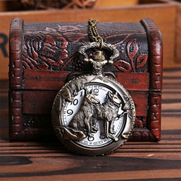 joyliveCY Taschenuhr mit Wolf-Motiv, mit Quarz-Uhrwerk und Halskette, cooler Stil, antiker Stil, hohl, Bronze - 2