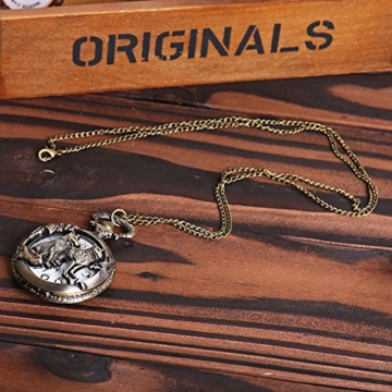 joyliveCY Taschenuhr mit Wolf-Motiv, mit Quarz-Uhrwerk und Halskette, cooler Stil, antiker Stil, hohl, Bronze - 5