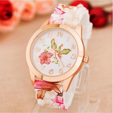 Design Blume Uhren Damen-Armbanduhr dünn Blumenmuster Zifferblatt Frauen Quarzuhr Silikon Gedrückt Blume Kausal Quarz-Armbanduhren LANSKIRT (❤️Rosa) - 2