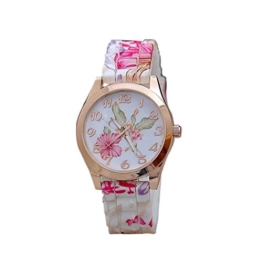 Design Blume Uhren Damen-Armbanduhr dünn Blumenmuster Zifferblatt Frauen Quarzuhr Silikon Gedrückt Blume Kausal Quarz-Armbanduhren LANSKIRT (❤️Rosa) - 1