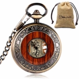 yisuya Holz-Taschenuhr, durchsichtige Rückseite, sichtbares Uhrwerk, Mechanische Uhr, Stil: Vintage / Retro, Römische Zahlen, mit Kette, tolles Geschenk - 1