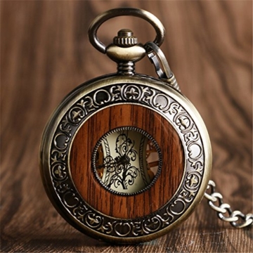 yisuya Holz-Taschenuhr, durchsichtige Rückseite, sichtbares Uhrwerk, Mechanische Uhr, Stil: Vintage / Retro, Römische Zahlen, mit Kette, tolles Geschenk - 3