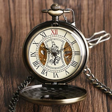 yisuya Holz-Taschenuhr, durchsichtige Rückseite, sichtbares Uhrwerk, Mechanische Uhr, Stil: Vintage / Retro, Römische Zahlen, mit Kette, tolles Geschenk - 4