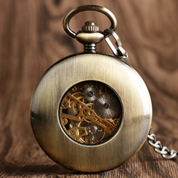 yisuya Holz-Taschenuhr, durchsichtige Rückseite, sichtbares Uhrwerk, Mechanische Uhr, Stil: Vintage / Retro, Römische Zahlen, mit Kette, tolles Geschenk - 5