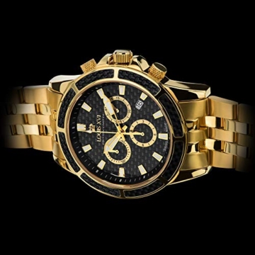 LOUIS XVI Herren-Armbanduhr Majesté Stahlband Gold Schwarz Karbon Chronograph Analog Quarz Edelstahl 480 - 4