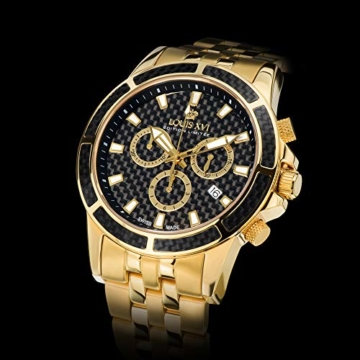 LOUIS XVI Herren-Armbanduhr Majesté Stahlband Gold Schwarz Karbon Chronograph Analog Quarz Edelstahl 480 - 5