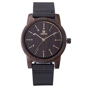 MUJUZE Herren Analoge Japanisch Quarzwerk 40mm Sandelholz Ziffernblatt Holzuhren  mit Schwarz Leder Armband - 3