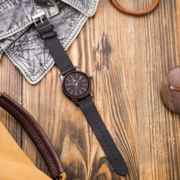 MUJUZE Herren Analoge Japanisch Quarzwerk 40mm Sandelholz Ziffernblatt Holzuhren  mit Schwarz Leder Armband - 4