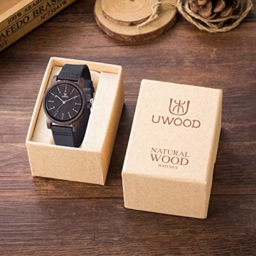 MUJUZE Herren Analoge Japanisch Quarzwerk 40mm Sandelholz Ziffernblatt Holzuhren  mit Schwarz Leder Armband - 7