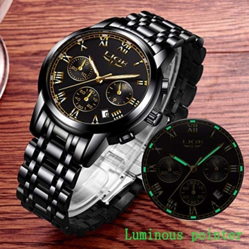 Uhren Herren wasserdichte Edelstahl Chronograph Sport Analog Quarzuhr Männer LIGE Luxusmarke Mode Runde Armbanduhr Mann Gold Schwarz Uhr - 4