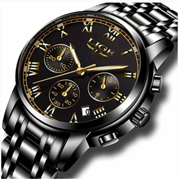 Uhren Herren wasserdichte Edelstahl Chronograph Sport Analog Quarzuhr Männer LIGE Luxusmarke Mode Runde Armbanduhr Mann Gold Schwarz Uhr - 1