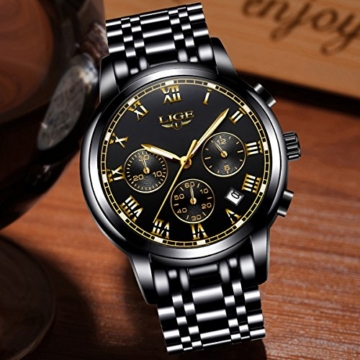 Uhren Herren wasserdichte Edelstahl Chronograph Sport Analog Quarzuhr Männer LIGE Luxusmarke Mode Runde Armbanduhr Mann Gold Schwarz Uhr - 5