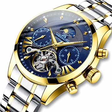 Herren Automatikuhr Männer Mechanische Automatik Wasserdicht Gold Edelstahl Skelett Designer Armbanduhr Mann Blau Datum Leuchtende Mond Phase Analog Uhren - 2