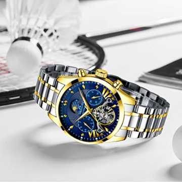 Herren Automatikuhr Männer Mechanische Automatik Wasserdicht Gold Edelstahl Skelett Designer Armbanduhr Mann Blau Datum Leuchtende Mond Phase Analog Uhren - 3