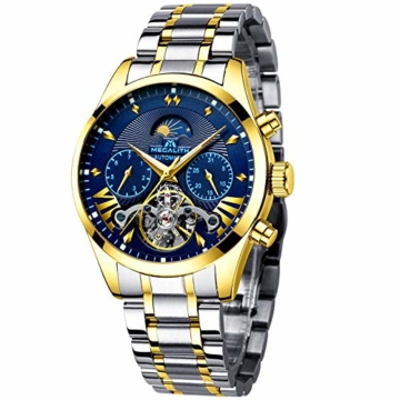 Herren Automatikuhr Männer Mechanische Automatik Wasserdicht Gold Edelstahl Skelett Designer Armbanduhr Mann Blau Datum Leuchtende Mond Phase Analog Uhren - 1