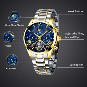 Herren Automatikuhr Männer Mechanische Automatik Wasserdicht Gold Edelstahl Skelett Designer Armbanduhr Mann Blau Datum Leuchtende Mond Phase Analog Uhren - 6
