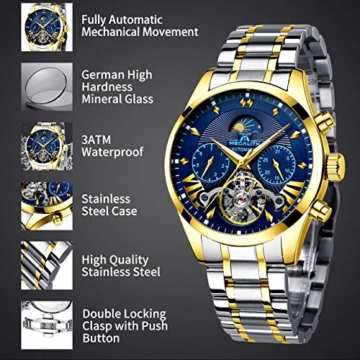 Herren Automatikuhr Männer Mechanische Automatik Wasserdicht Gold Edelstahl Skelett Designer Armbanduhr Mann Blau Datum Leuchtende Mond Phase Analog Uhren - 7