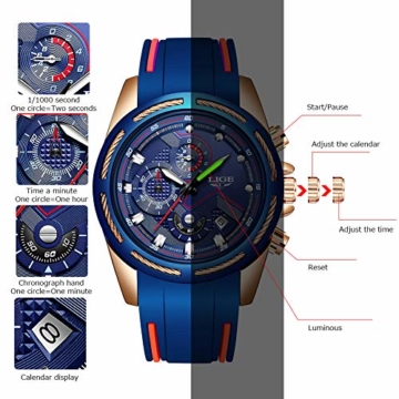 LIGE Herren-Armbanduhr, modisch, wasserdicht, Kieselgel, Chronograph, luxuriös, Business Analog, Quarzuhr, klassisches blaues Band Datum, Kalender, Armbanduhr - 6