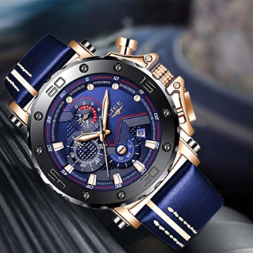 LIGE Herren Chronograph Wasserdicht Leder Armband Sport Analog Quarz Uhr Männer Großes Gesicht Datum Mode Casual Uhren Roségold Schwarz Uhr - 2