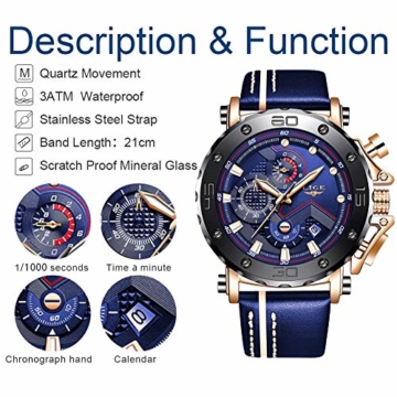 LIGE Herren Chronograph Wasserdicht Leder Armband Sport Analog Quarz Uhr Männer Großes Gesicht Datum Mode Casual Uhren Roségold Schwarz Uhr - 6