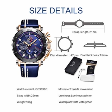 LIGE Herren Chronograph Wasserdicht Leder Armband Sport Analog Quarz Uhr Männer Großes Gesicht Datum Mode Casual Uhren Roségold Schwarz Uhr - 7