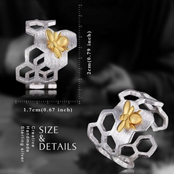 Lotus Fun Damen Ring Biene und Honigwabe Offener Ring S925 Sterling Silber Handgemachte Ringe Weihnachten Geschenk für Frauen und Mädchen. - 2