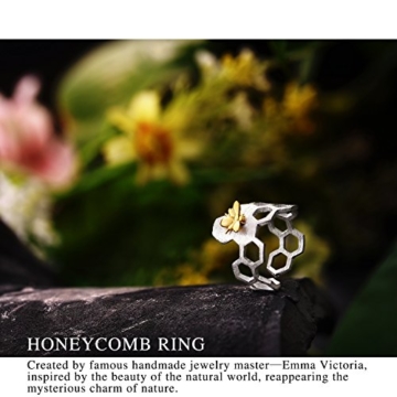 Lotus Fun Damen Ring Biene und Honigwabe Offener Ring S925 Sterling Silber Handgemachte Ringe Weihnachten Geschenk für Frauen und Mädchen. - 3