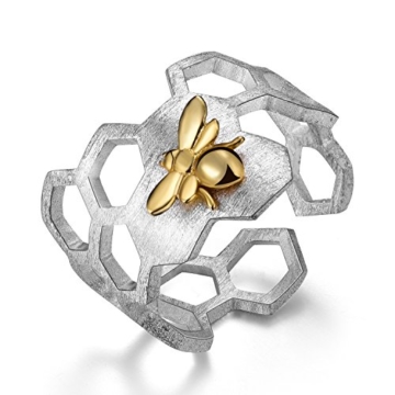 Lotus Fun Damen Ring Biene und Honigwabe Offener Ring S925 Sterling Silber Handgemachte Ringe Weihnachten Geschenk für Frauen und Mädchen. - 1