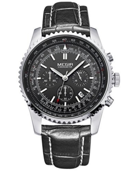 megir Herren Chronograph Sport Fashion Leder Kalender Quarz Handgelenk Uhren mit schwarzem Zifferblatt - 1