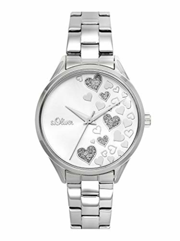 s.Oliver Time Damen Analog Quarz Uhr mit Edelstahl Armband SO-3599-MQ, silber Herzen - 1