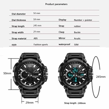 Elektronische Herrenuhren 2 Zoll Zeiger + Digital mit LED-Hintergrundbeleuchtung rund Großes Zifferblatt Elektronisches Uhrwerk wasserdicht Jungs Sportuhr - 7