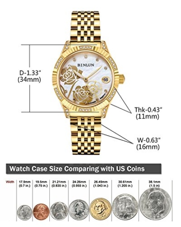 Binlun Damen-Armbanduhr Hand Besetzt mit Diamanten Rosen-Design Automatik-Uhrwerk Gold Zwei Zeiger Wasserdicht Perlmutt-Zifferblatt - 5