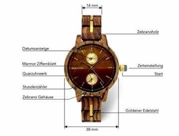 Branvon Divra Holzuhr für Damen - Quarzuhr mit Chronographen und Saphirglas aus exotisches Zebranoholz und echtem Marmor - Holz Armbanduhr Analog - Uhren für Frauen - 3