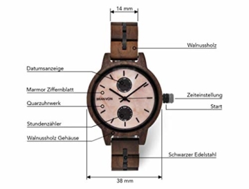 Branvon Domea Holzuhr für Damen - Armbanduhr Analog Uhr - Quarzuhr mit Chronographen und Saphirglas aus dunklem Walnussholz und echtem Marmor - Damenuhren - 3