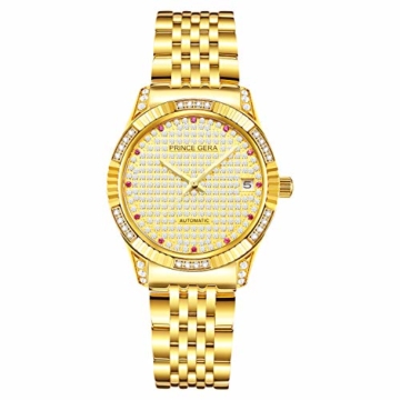Prince Gera 18 Karat vergoldete Damenuhren Automatikdiamant Mechanikuhr Kalenderuhr mit goldenem Kristallkleid Armbanduhren für Damen - 2