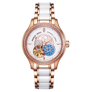 Prince Gera Damenuhr Keramik automatische Diamanten Kleid Armbanduhr für Damen Geschenk (Rose Gold) - 1