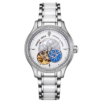 Prince Gera Damenuhr Keramik automatische Diamanten Kleid Armbanduhr für Damen Geschenk (Silber) - 1