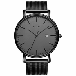 BUREI Herren Uhren Ultra Dünne Schwarze Minimalistische Quartz mit Datumsanzeige und Milanese Armband - 1
