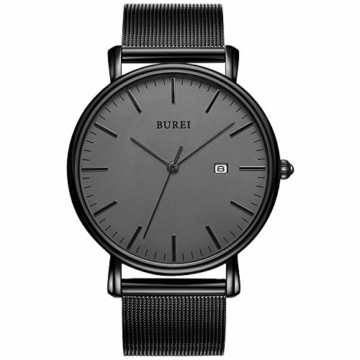 BUREI Herren Uhren Ultra Dünne Schwarze Minimalistische Quartz mit Datumsanzeige und Milanese Armband - 1