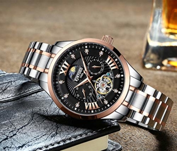 TEINTOP Kinyued Skelett Uhr Herren Mechanische Analog Leuchtend Edelstahlband (Rose Gold Schwarz) - 3