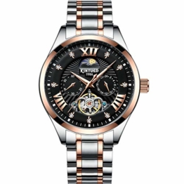 TEINTOP Kinyued Skelett Uhr Herren Mechanische Analog Leuchtend Edelstahlband (Rose Gold Schwarz) - 1