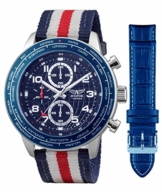 Aviator Militär Pilot Flight Series 2 in 1 Uhr – blaues Zifferblatt Quarz mit Zwei austauschbaren Armbändern wasserdicht Armbanduhr Set – Rot Blau Weiß US-Fahne Textilband und Echtleder hellblau Band - 1