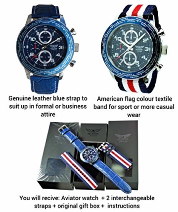 Aviator Militär Pilot Flight Series 2 in 1 Uhr – blaues Zifferblatt Quarz mit Zwei austauschbaren Armbändern wasserdicht Armbanduhr Set – Rot Blau Weiß US-Fahne Textilband und Echtleder hellblau Band - 4