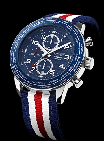 Aviator Militär Pilot Flight Series 2 in 1 Uhr – blaues Zifferblatt Quarz mit Zwei austauschbaren Armbändern wasserdicht Armbanduhr Set – Rot Blau Weiß US-Fahne Textilband und Echtleder hellblau Band - 5