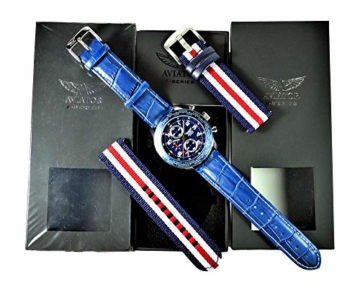 Aviator Militär Pilot Flight Series 2 in 1 Uhr – blaues Zifferblatt Quarz mit Zwei austauschbaren Armbändern wasserdicht Armbanduhr Set – Rot Blau Weiß US-Fahne Textilband und Echtleder hellblau Band - 7