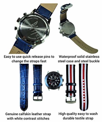 Aviator Militär Pilot Flight Series 2 in 1 Uhr – blaues Zifferblatt Quarz mit Zwei austauschbaren Armbändern wasserdicht Armbanduhr Set – Rot Blau Weiß US-Fahne Textilband und Echtleder hellblau Band - 8