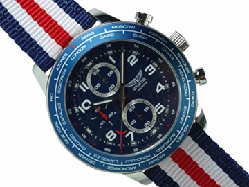 Aviator Militär Pilot Flight Series 2 in 1 Uhr – blaues Zifferblatt Quarz mit Zwei austauschbaren Armbändern wasserdicht Armbanduhr Set – Rot Blau Weiß US-Fahne Textilband und Echtleder hellblau Band - 9