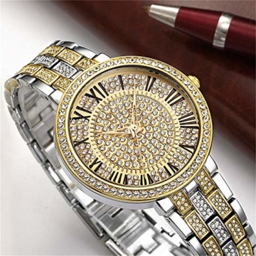 Bling Iced Out Silber/Gold Runde Herrenuhr Simulierte Kristalle Uhr für Damen - 2