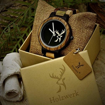 Handgefertigte Holzwerk Germany® Designer Herren Herren-Uhr Öko Hirsch Natur Holz-Uhr Armband-Uhr Analog Klassisch Quarz-Uhr mit Hirschmotiv Braun Schwarz (Braun - Mehrfarbig) - 6