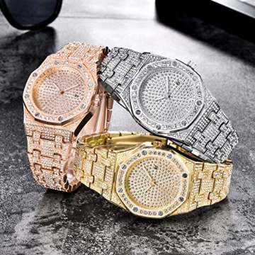 Herren/Damen Diamond Watch Bling Iced-Out Uhr Silber/Gold Mode Quarz Analoge Armbanduhr mit Edelstahlband - 2